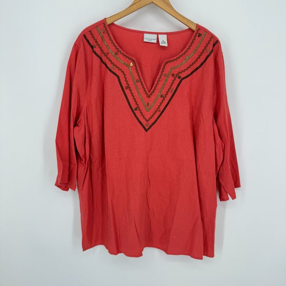 Kim Rogers Womens Linen Blend Tunic Top Size 2x Embroidered Oversized Coastal - Picture 3 of 6